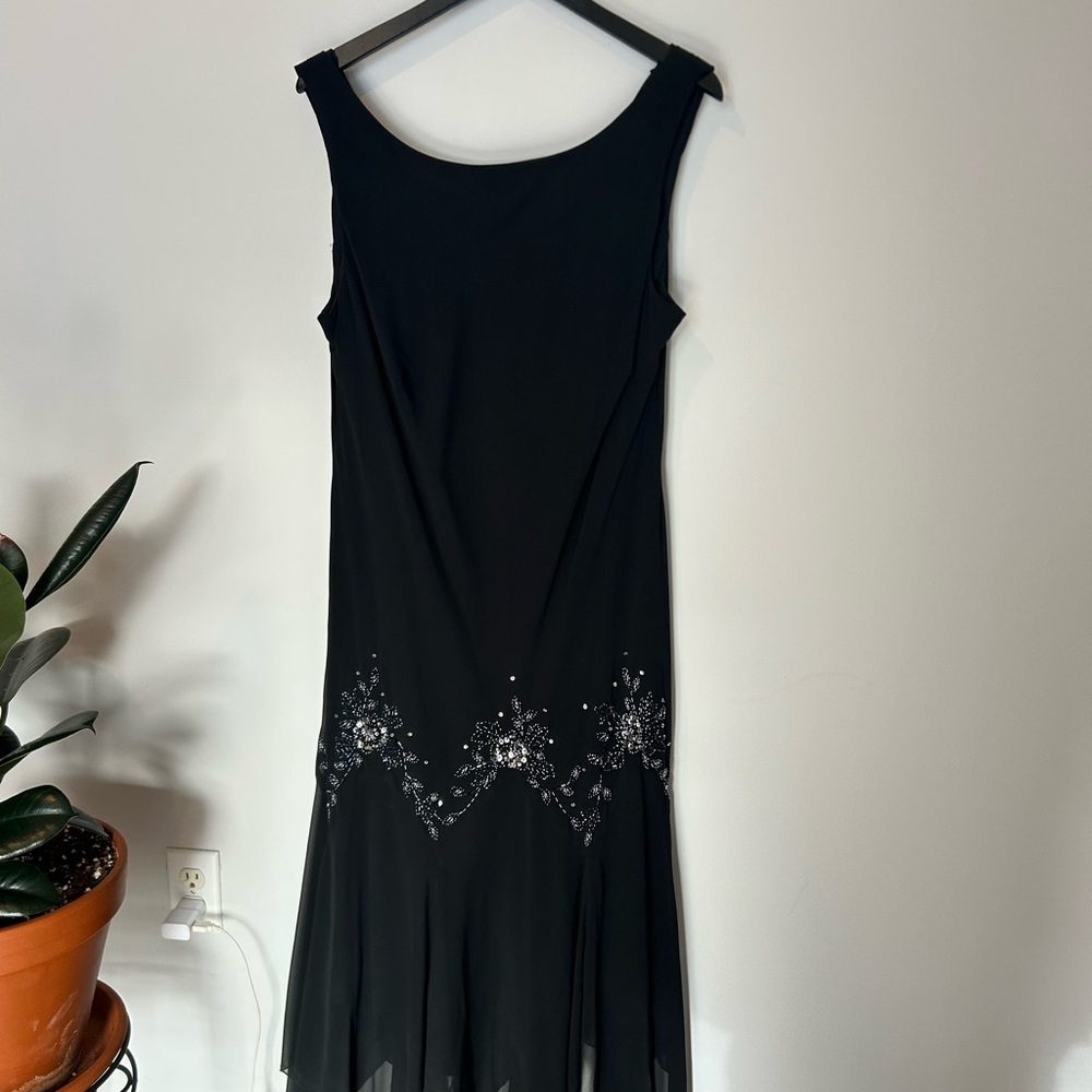 Elegant Black Draped Back Dress With beaded front details